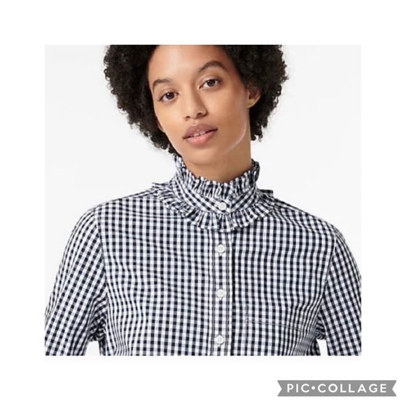 J. Crew Blue Black and White Gingham Ruffle Collar Shirtdress approx size 8 - Picture 2 of 14